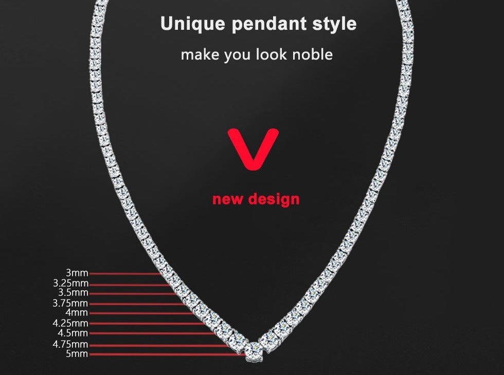 Moissanite Tennis V Style Necklace, 925 Sterling Sliver Plated 18k White Gold