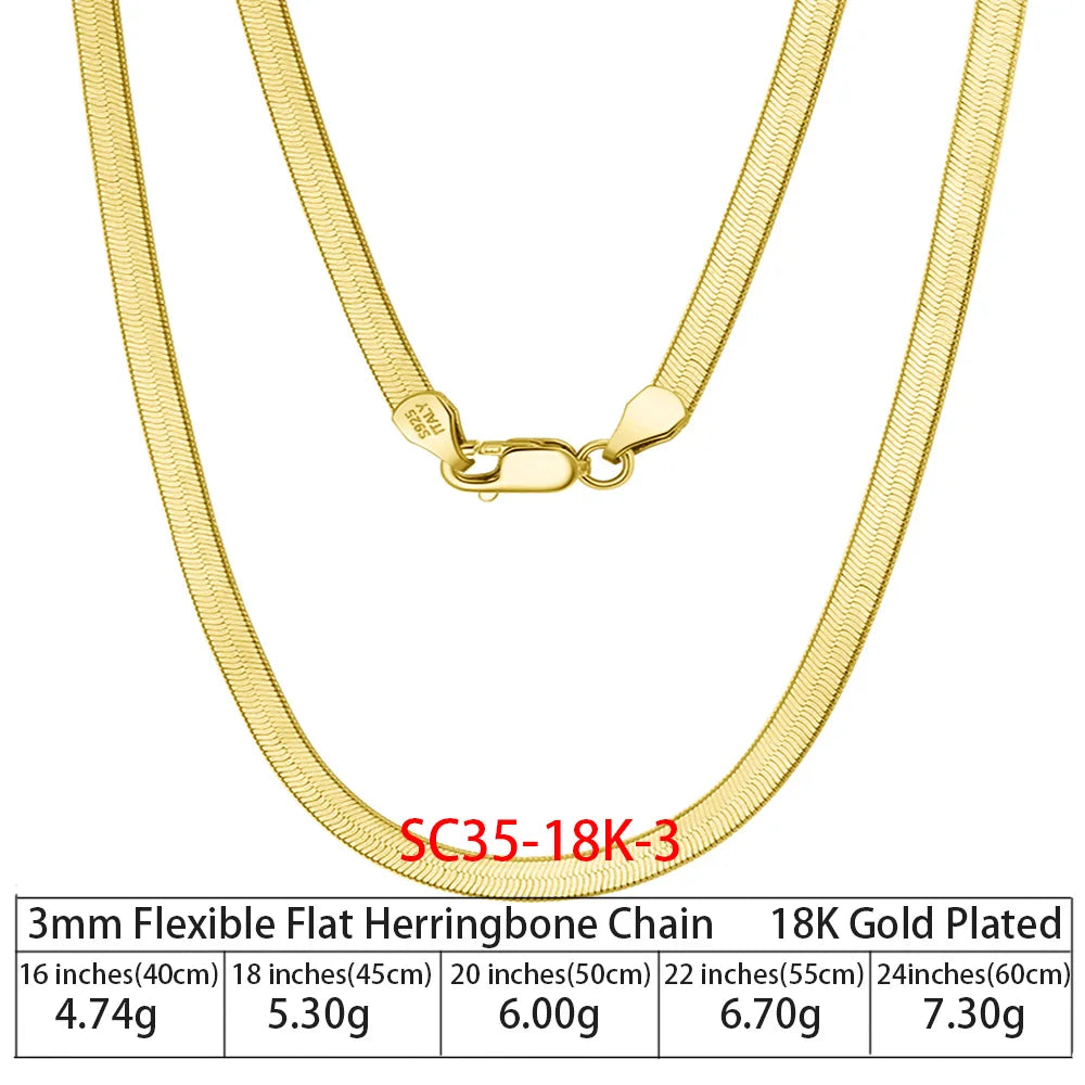 3mm, 4.5mm Flat Herringbone Chain in 925 Sterling Silver with 18K Gold Plated