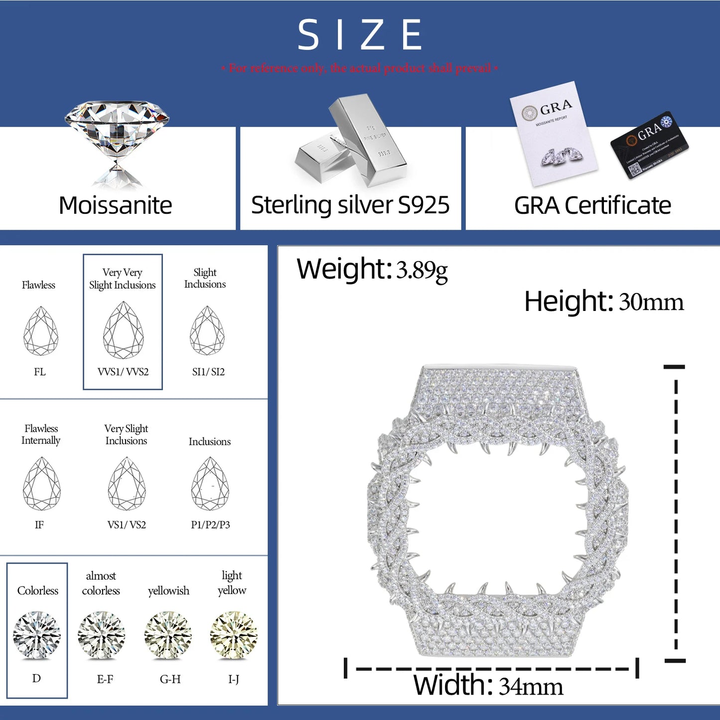 Moissanite Watch Case in 925 Sterling Silver