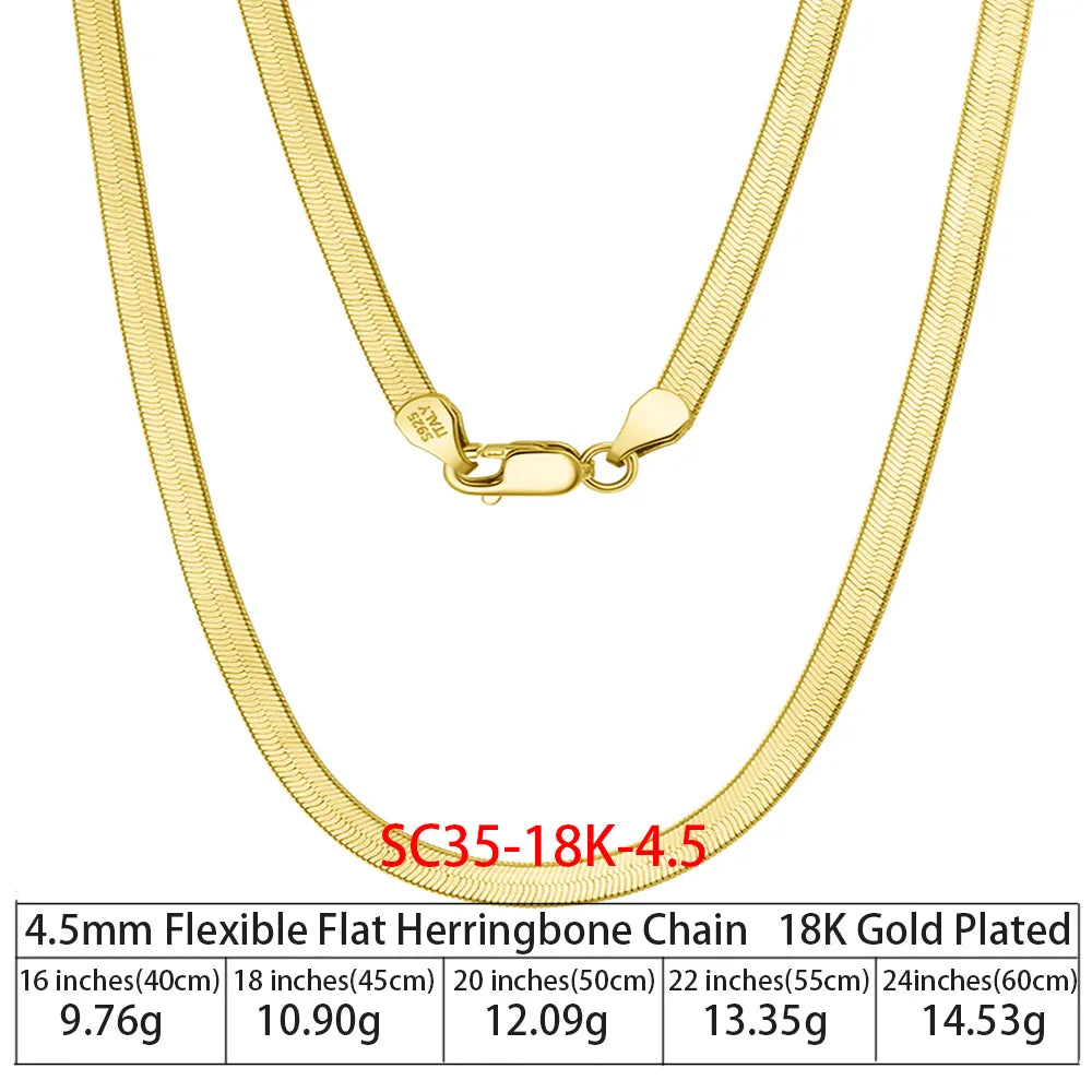 3mm, 4.5mm Flat Herringbone Chain in 925 Sterling Silver with 18K Gold Plated