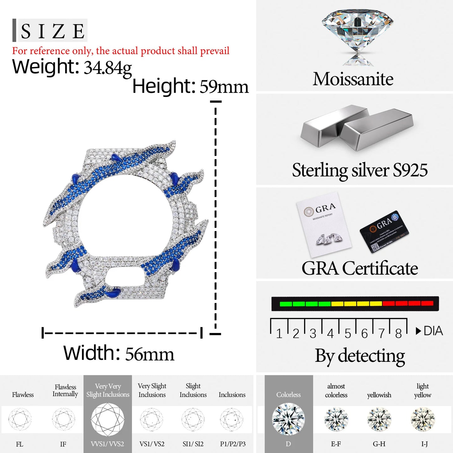 Moissanite Watch Case in 925 Sterling Silver