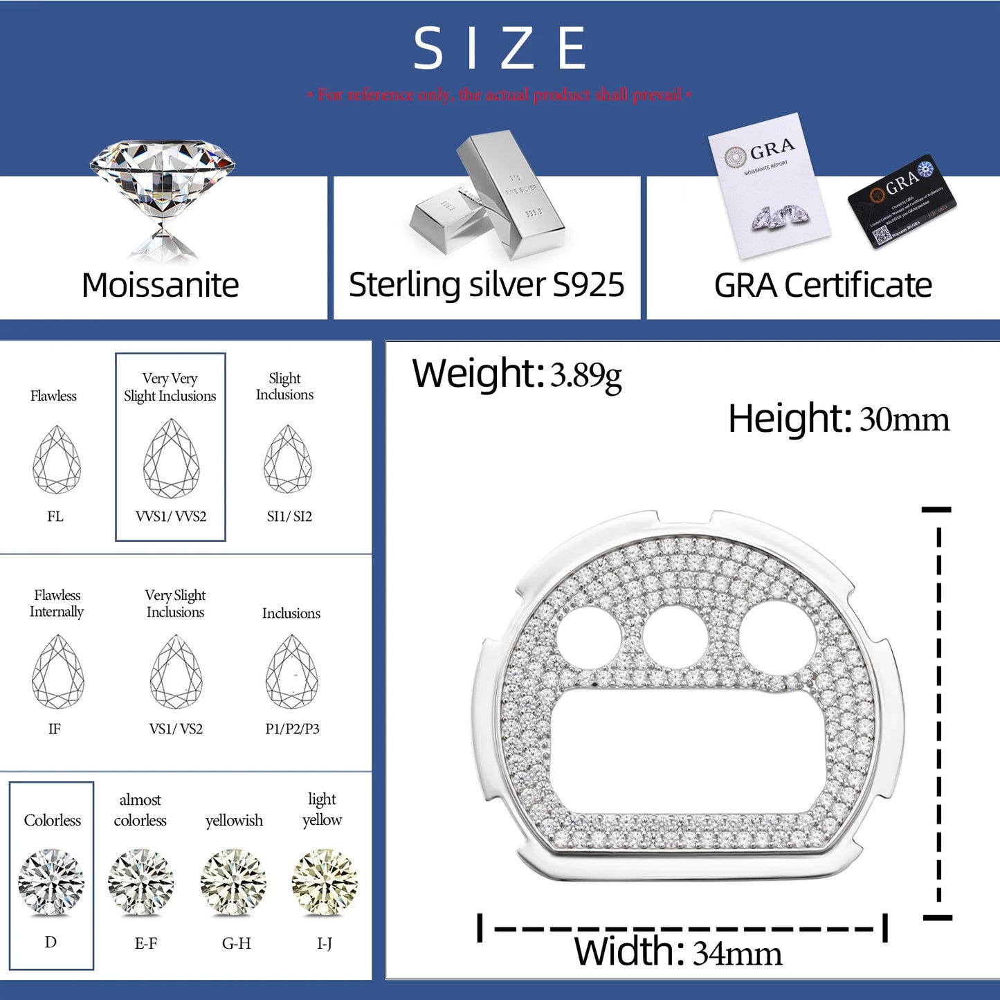 Moissanite Watch Case in 925 Sterling Silver or Brass