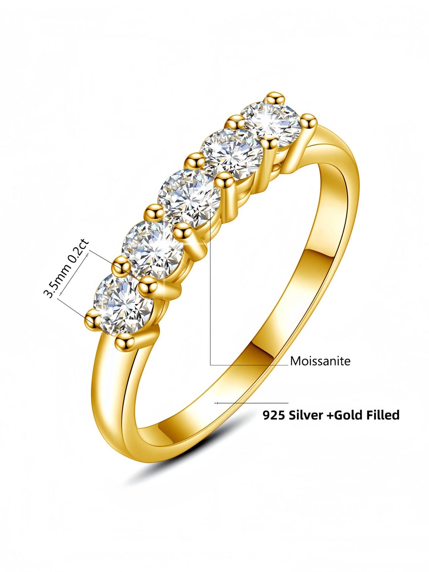 5 Stones Moissanite Ring in S925 (1/20 14K GF)