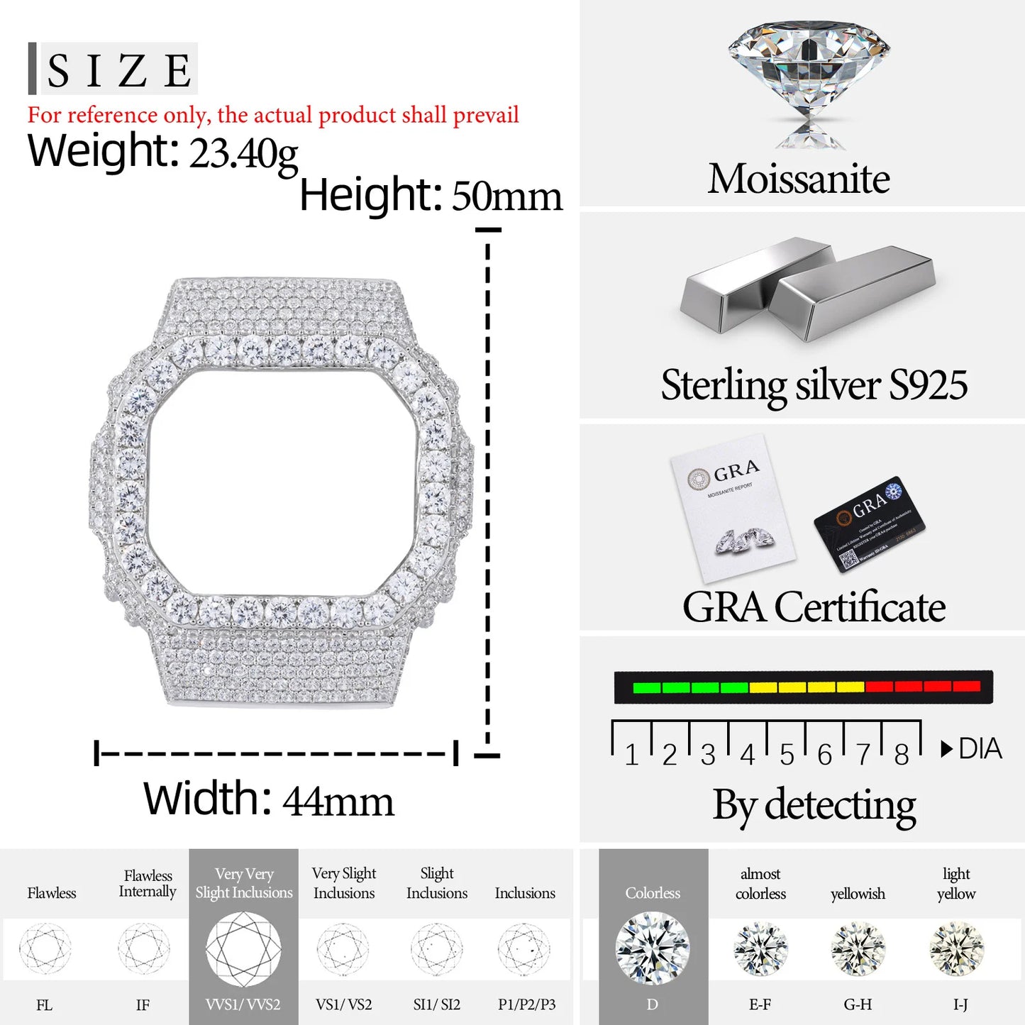 Moissanite Watch Case in 925 Sterling Silver