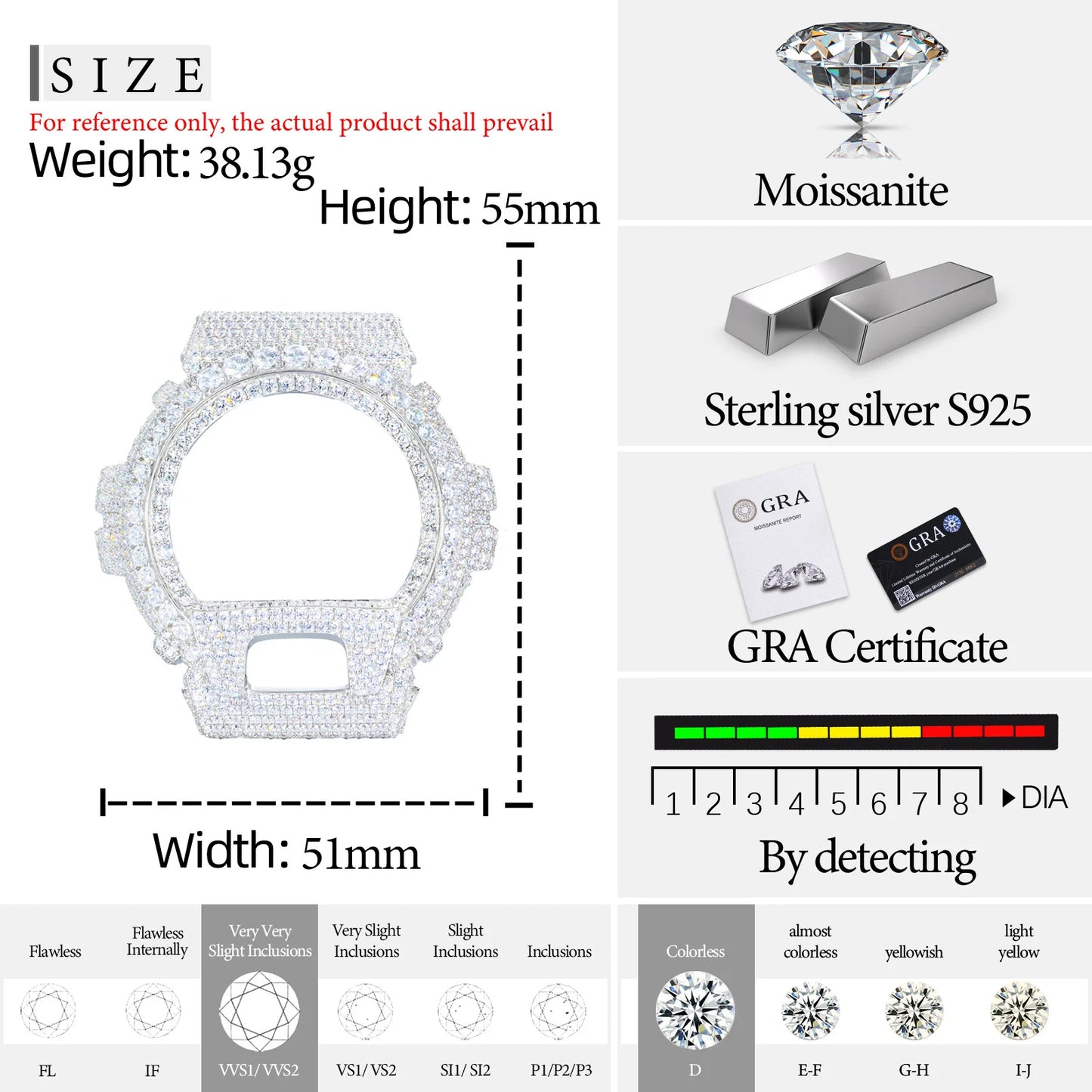 Moissanite Watch Case in 925 Sterling Silver