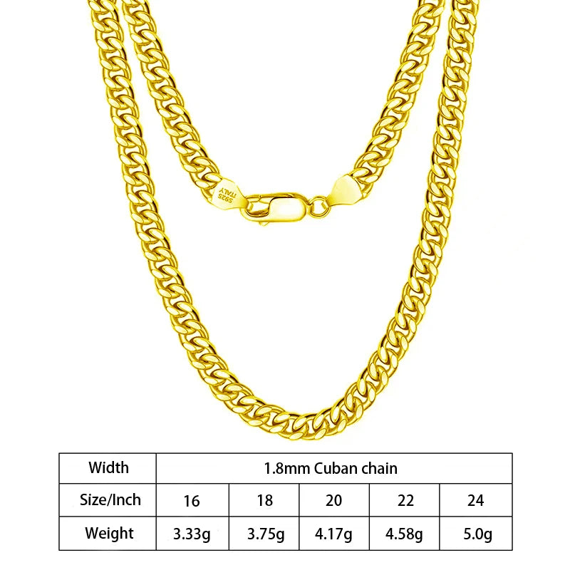 1.8mm 2.3mm 3mm 3.5mm 4mm 5mm 6mm 7mm Diamond Cut Cuban Chain in 925 Sterling Silver with 18K Gold Plated