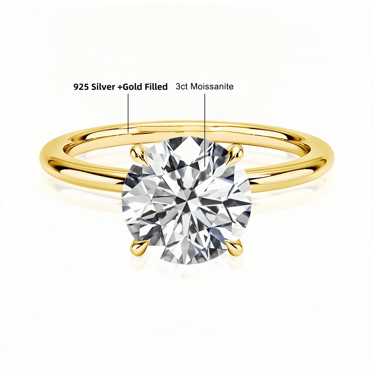 4 Prong Moissanite Solitarie Ring in S925 (1/20 14K GF)