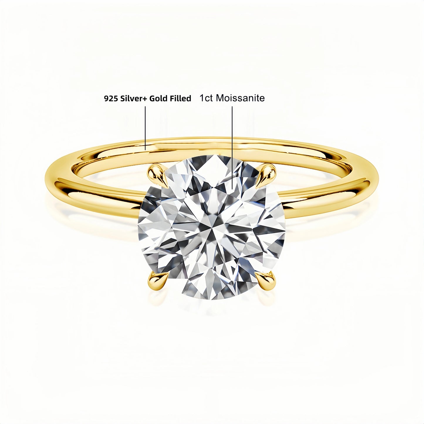 4 Prong Moissanite Solitarie Ring in S925 (1/20 14K GF)