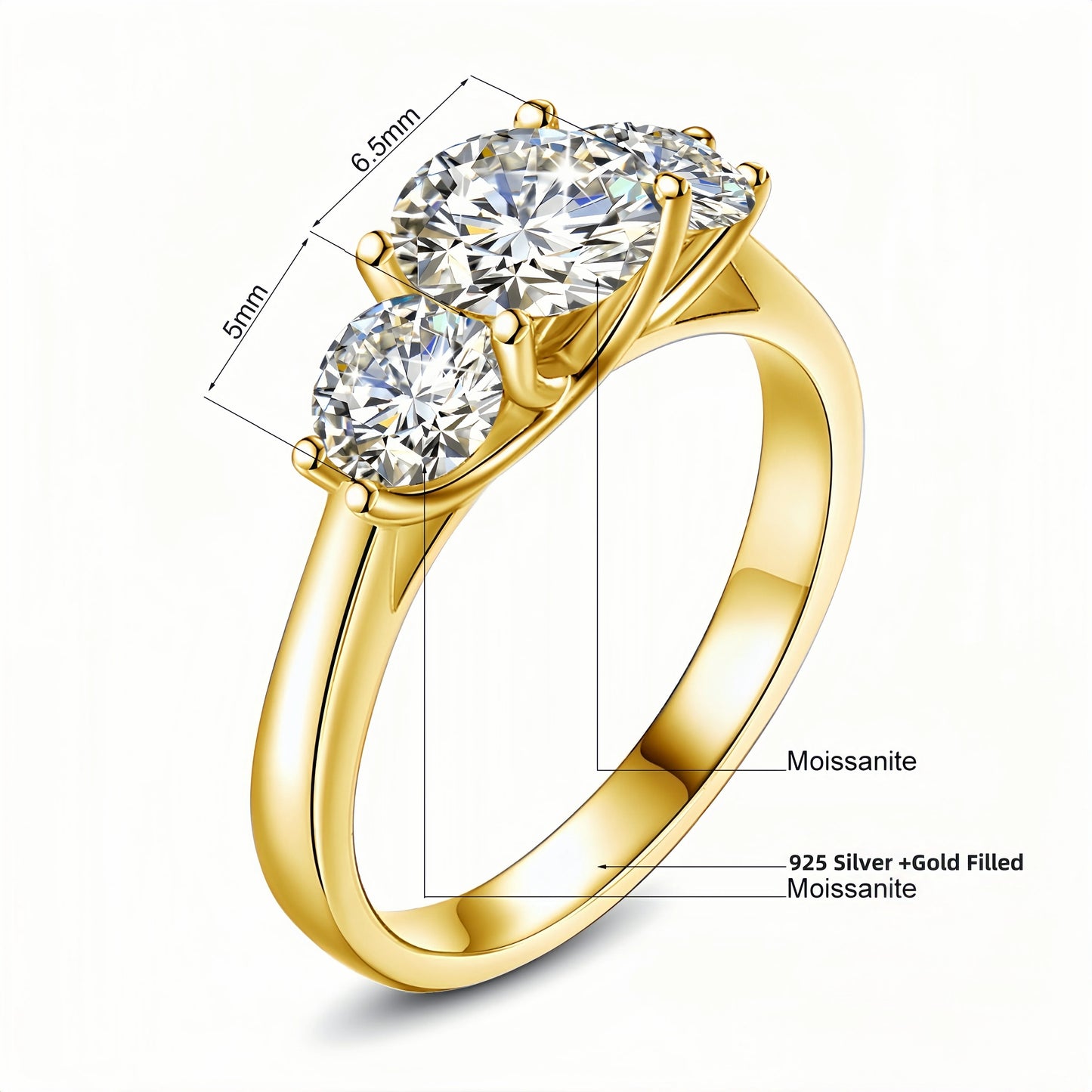 3 Stones Moissanite Ring in S925 (1/20 14K GF)