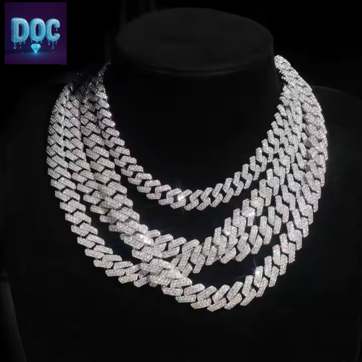 12mm, 13mm, 14mm Moissanite Prong-Set Link-Chain in 925 Sterling Silver