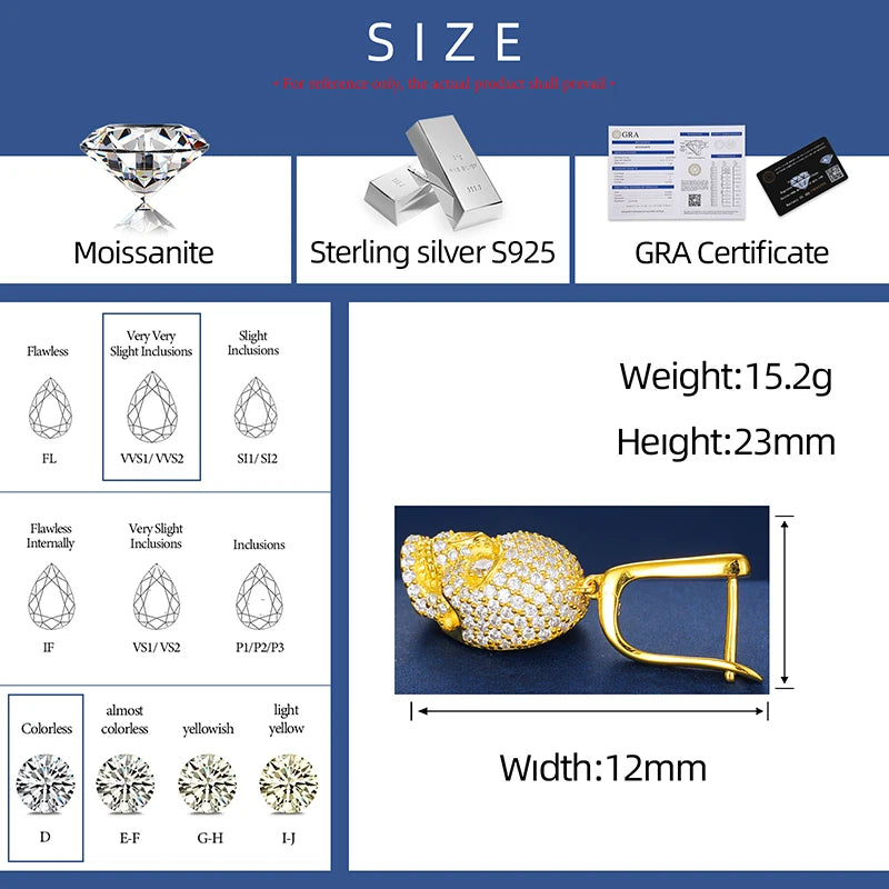 Skeleton Moissanite Earrings in 925 Sterling Silver & Gold Plated