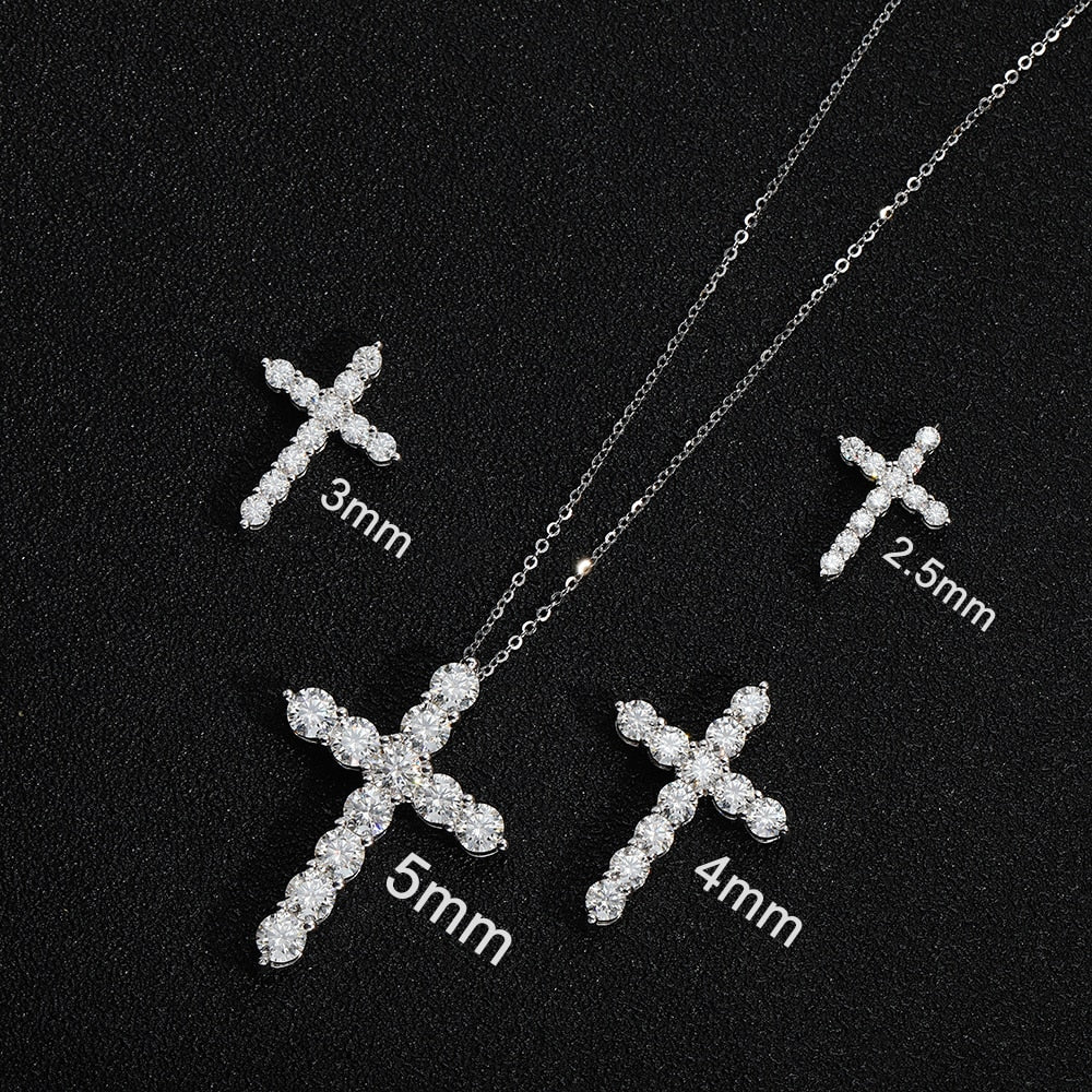Moissanite 2,5-5mm Cross Pendant 925 Sterling Sliver Plated 18k White Gold with Chain.