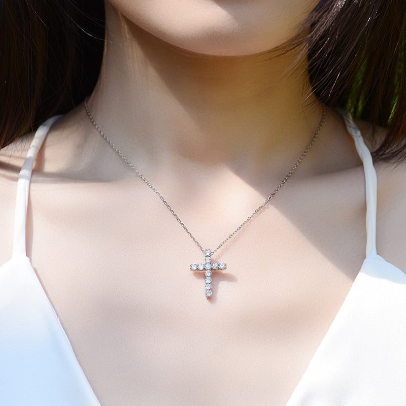 3mm Round Cut Moissanite Cross Pendants with 925 Sterling Silver Chain