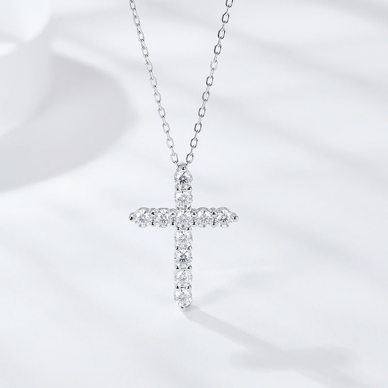 3mm Round Cut Moissanite Cross Pendants with 925 Sterling Silver Chain