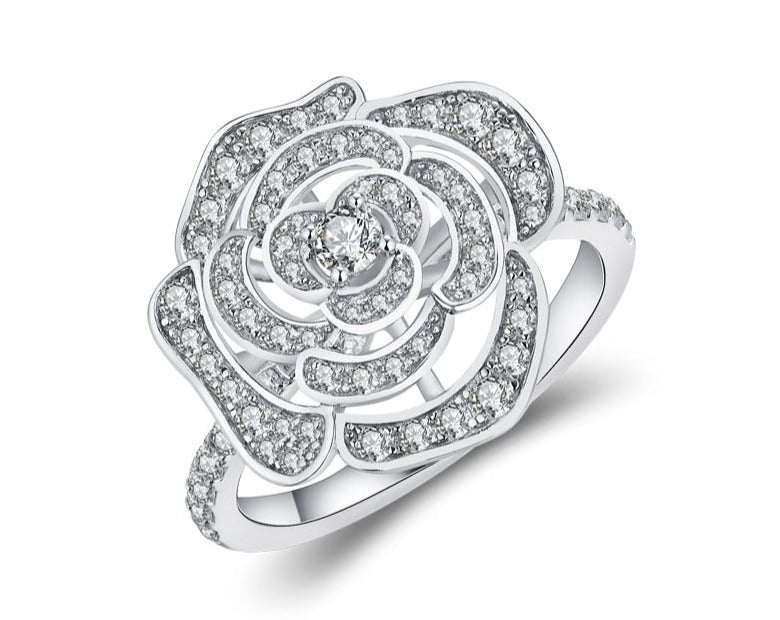 1.5CT Moissanite Rose Flower Ring in 925 Sterling Silver with White/Rose or Yellow Gold plated