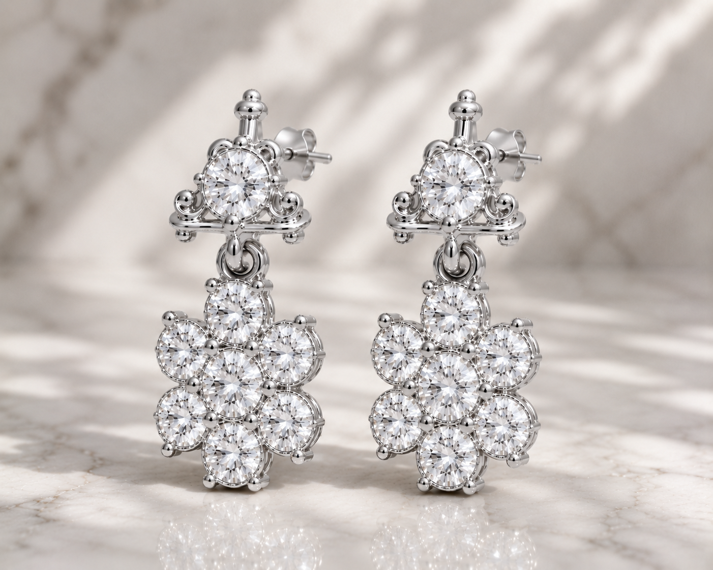 Flower Diamond Earrings in 925 Sterling Silver