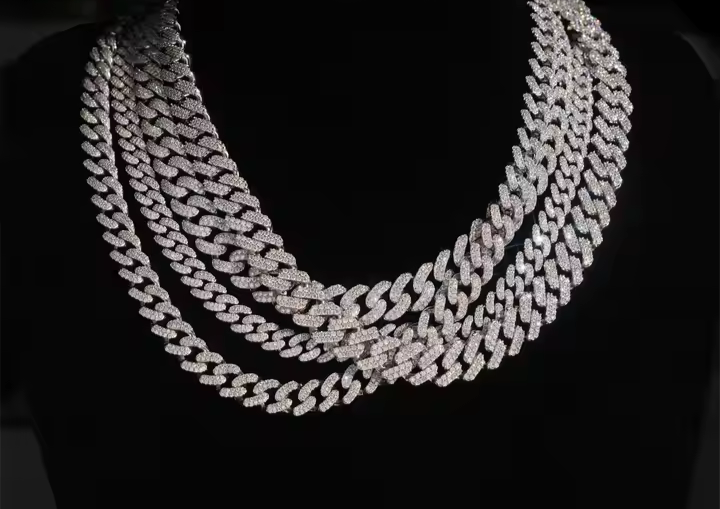 8mm, 10mm, 12mm, 13mm Moissanite Cuban Chain in 925 Sterling Silver