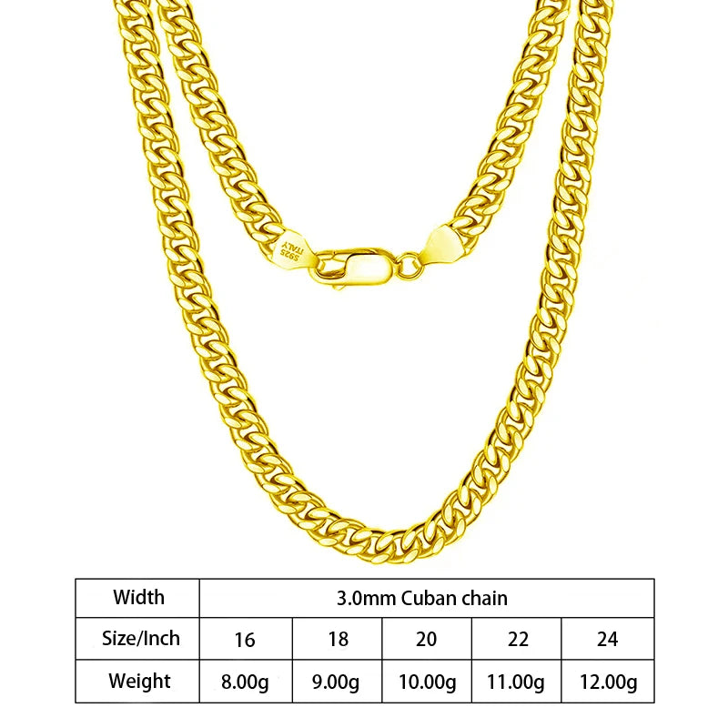 1.8mm 2.3mm 3mm 3.5mm 4mm 5mm 6mm 7mm Diamond Cut Cuban Chain in 925 Sterling Silver with 18K Gold Plated