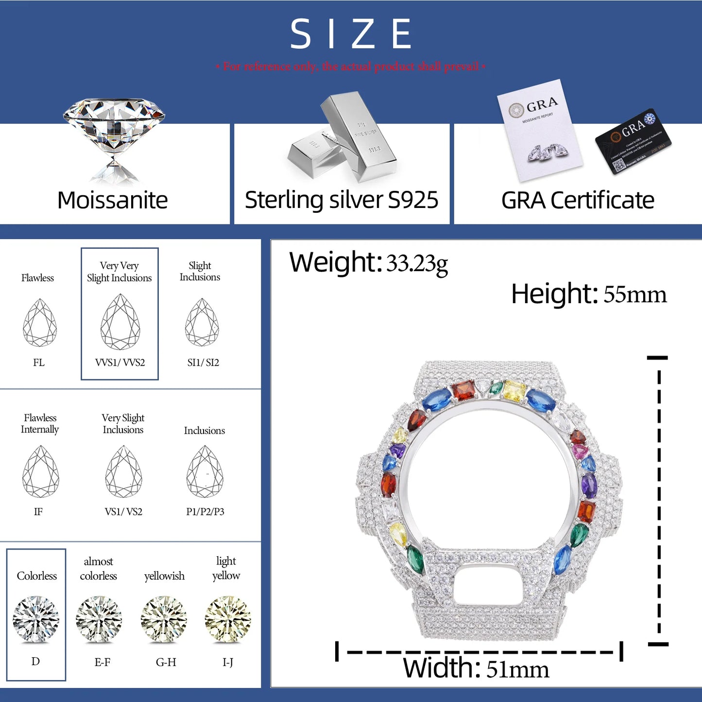 Moissanite Watch Case in 925 Sterling Silver VVS