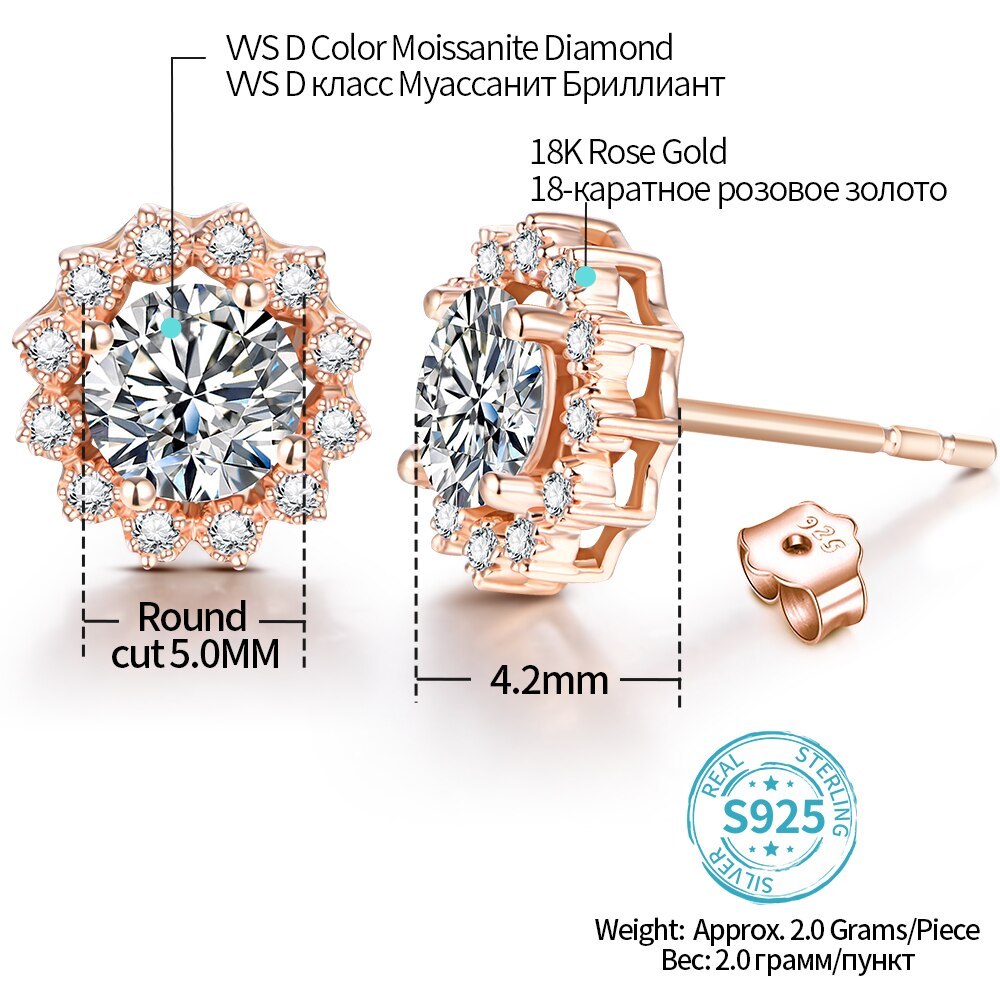 Weiß/Rose Rundschliff 1,0 Karat Moissanit 925 Sterling Silber D Farbe Ohrringe