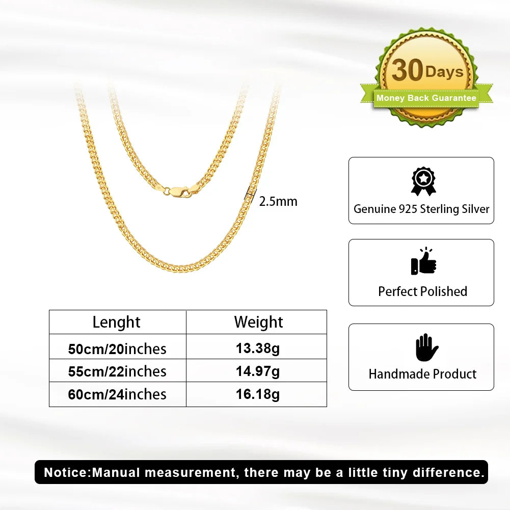 2.5mm Franco Chain in 925 Sterling Silver with 18K Gold Plated