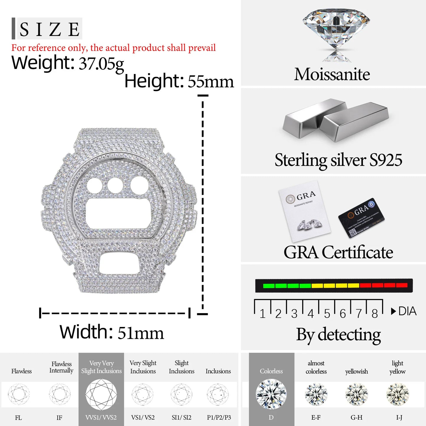 Moissanite Watch Case in 925 Sterling Silver