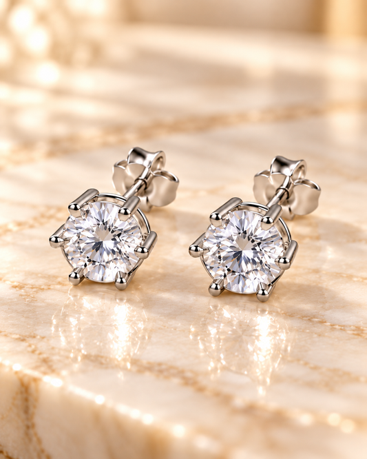 Round 6-Prong 925 Sterling Silver Diamond Earrings