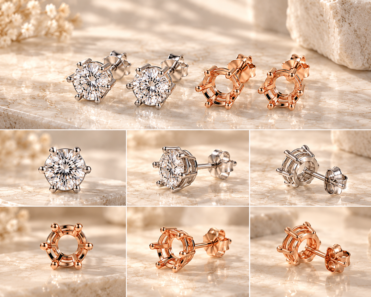 Round 6-Prong 925 Sterling Silver Diamond Earrings