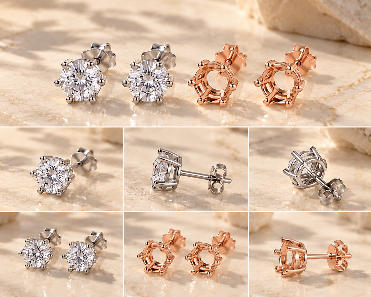 Round 6-Prong 925 Sterling Silver Diamond Earrings