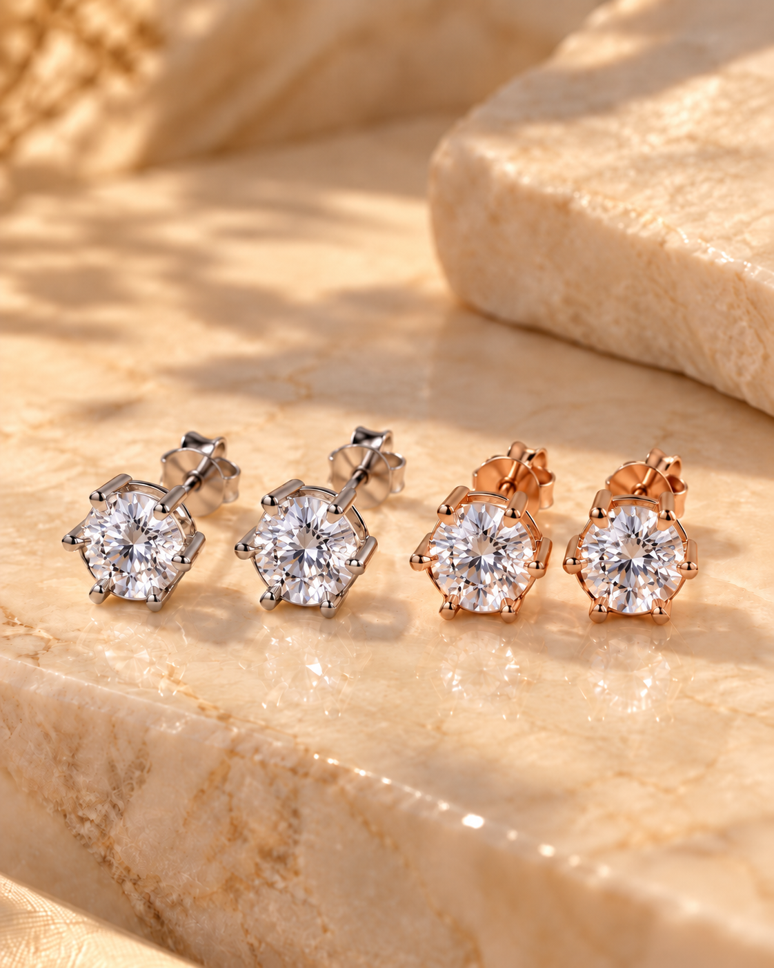 Round 6-Prong 925 Sterling Silver Diamond Earrings