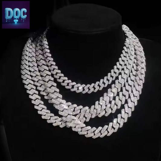 12mm, 13mm, 14mm Moissanite Prong-Set Link-Chain in 925 Sterling Silver