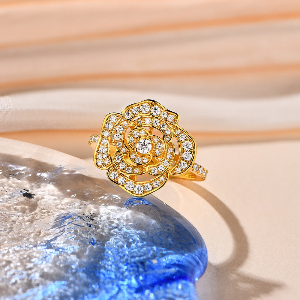 1.5CT Moissanite Rose Flower Ring in 925 Sterling Silver with White/Rose or Yellow Gold plated
