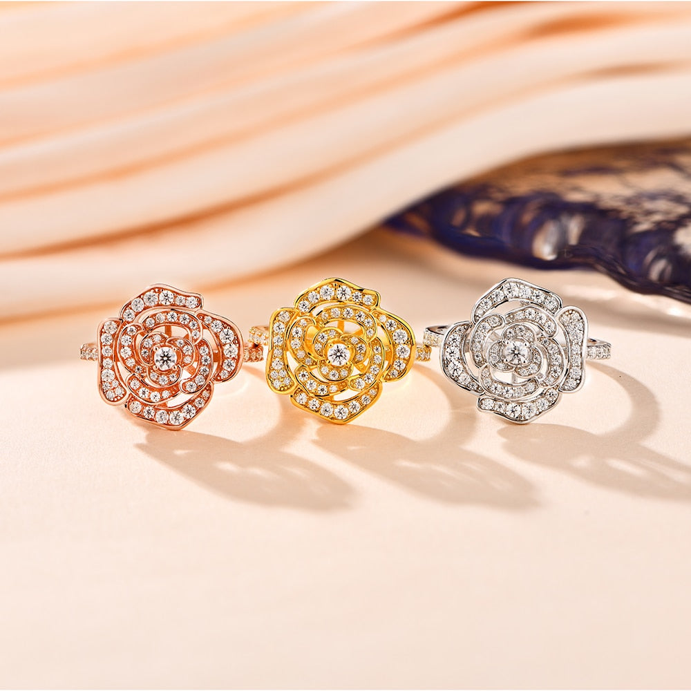 1.5CT Moissanite Rose Flower Ring in 925 Sterling Silver with White/Rose or Yellow Gold plated