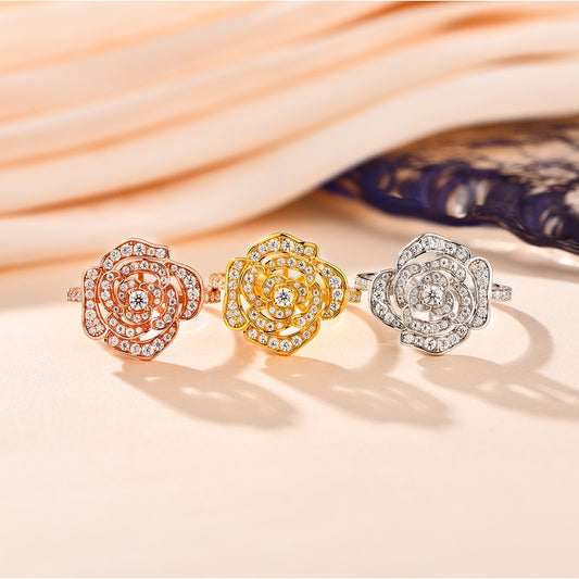 1.5CT Moissanite Rose Flower Ring in 925 Sterling Silver with White/Rose or Yellow Gold plated