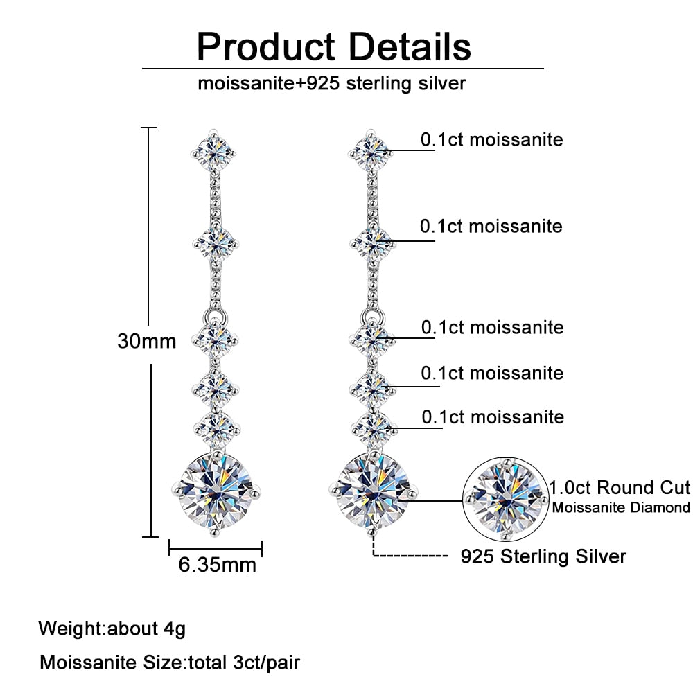 Pendientes largos con borlas de moissanita en plata de ley 925.