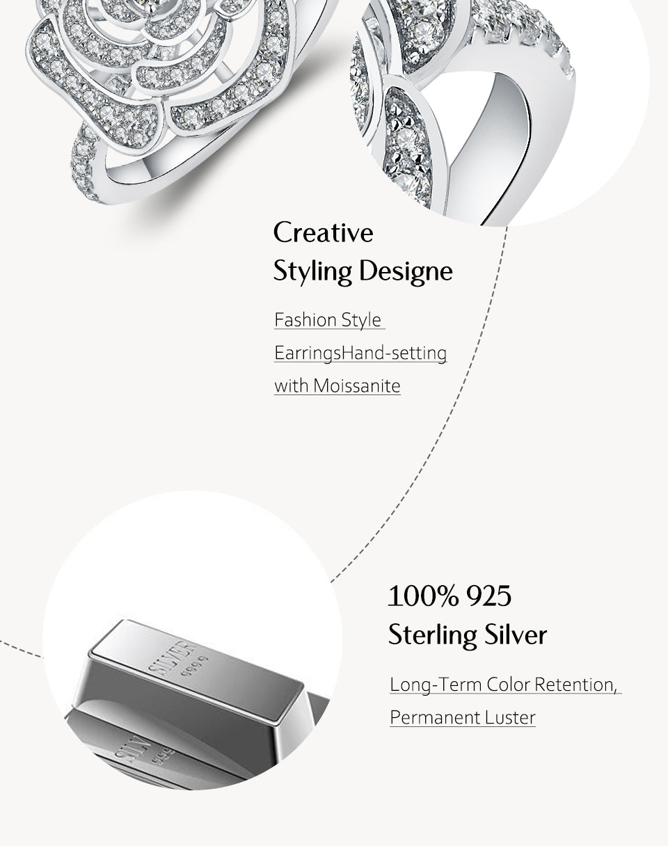 1.5CT Moissanite Rose Flower Ring in 925 Sterling Silver with White/Rose or Yellow Gold plated
