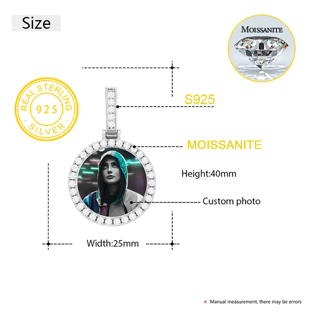Runde Moissanit-Erinnerungsmedaillons mit individuellem Bild aus 925er Sterlingsilber