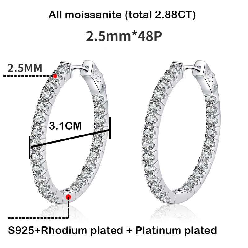 Aros de moissanita blanca o negra de 2,88 quilates en plata de ley 925