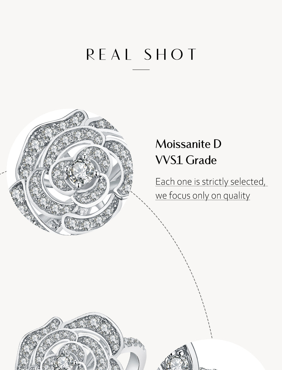 1.5CT Moissanite Rose Flower Ring in 925 Sterling Silver with White/Rose or Yellow Gold plated