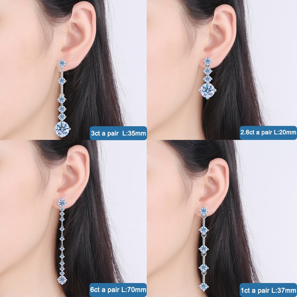 Pendientes largos con borlas de moissanita en plata de ley 925.
