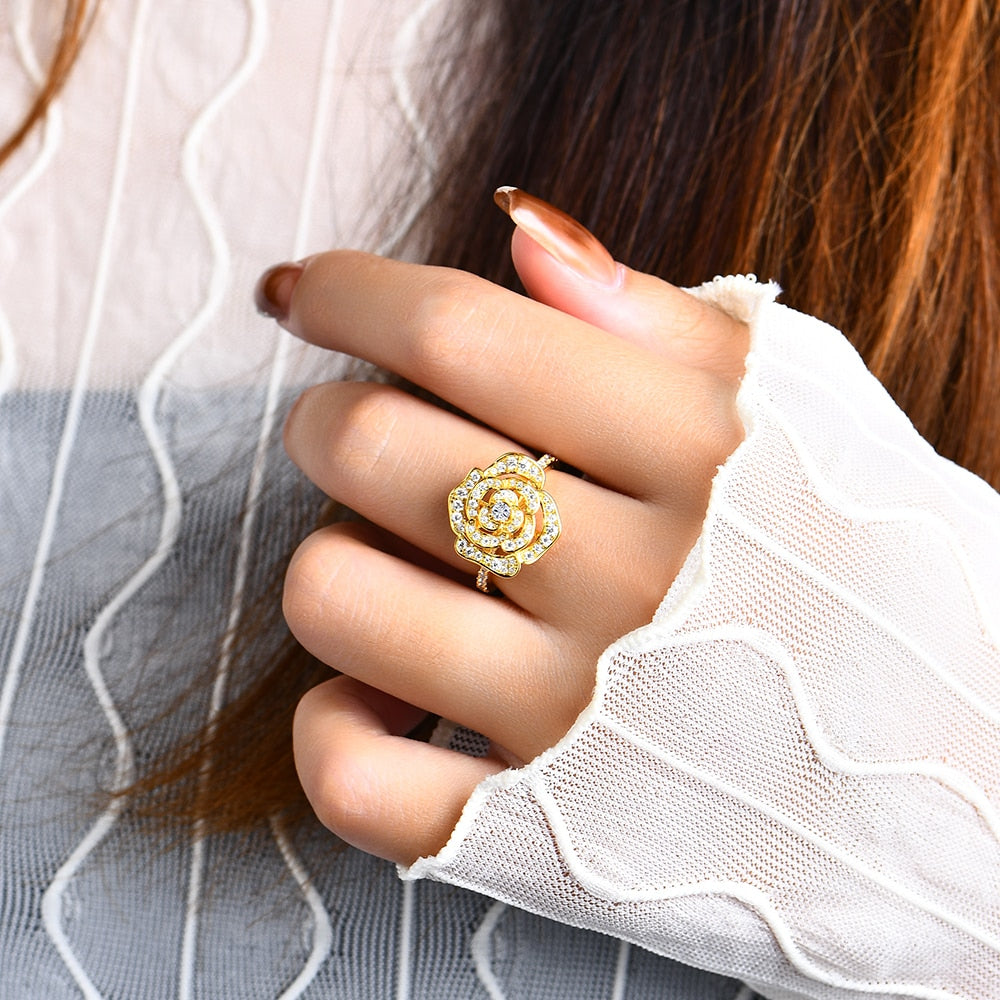 1.5CT Moissanite Rose Flower Ring in 925 Sterling Silver with White/Rose or Yellow Gold plated