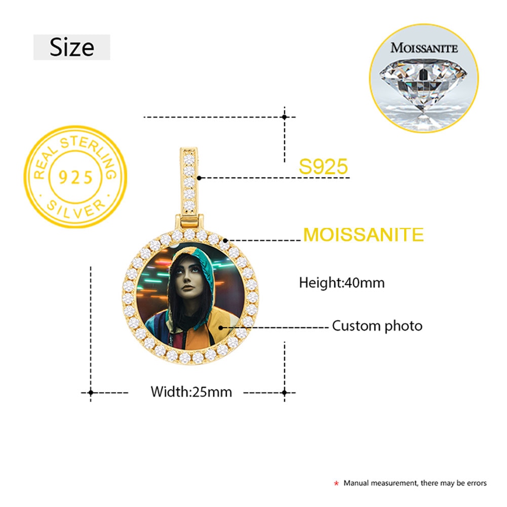 Runde Moissanit-Erinnerungsmedaillons mit individuellem Bild aus 925er Sterlingsilber