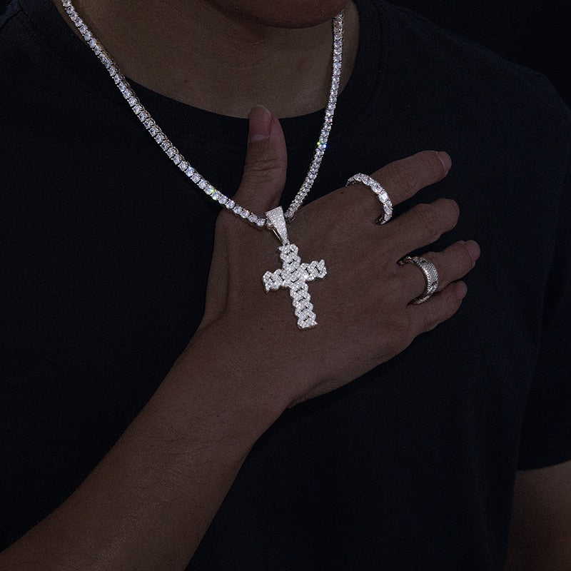 Moissanite Cuban Cross Pendant in 925 Sterling Silver.