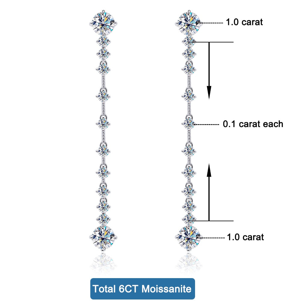 Pendientes largos con borlas de moissanita en plata de ley 925.