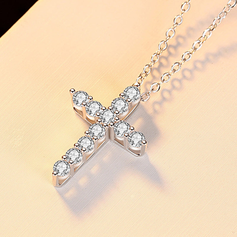 3mm Round Cut Moissanite Cross Pendants with 925 Sterling Silver Chain
