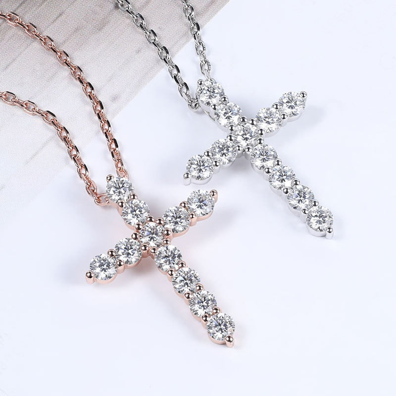 3mm Round Cut Moissanite Cross Pendants with 925 Sterling Silver Chain