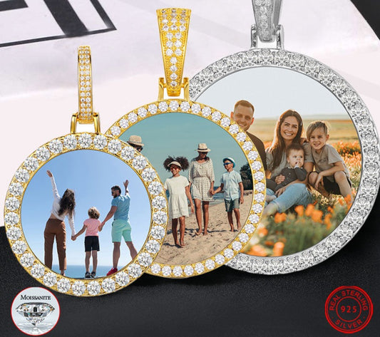 Moissanite Round Memory Medallions with Custom Picture in 925 Sterling Silver